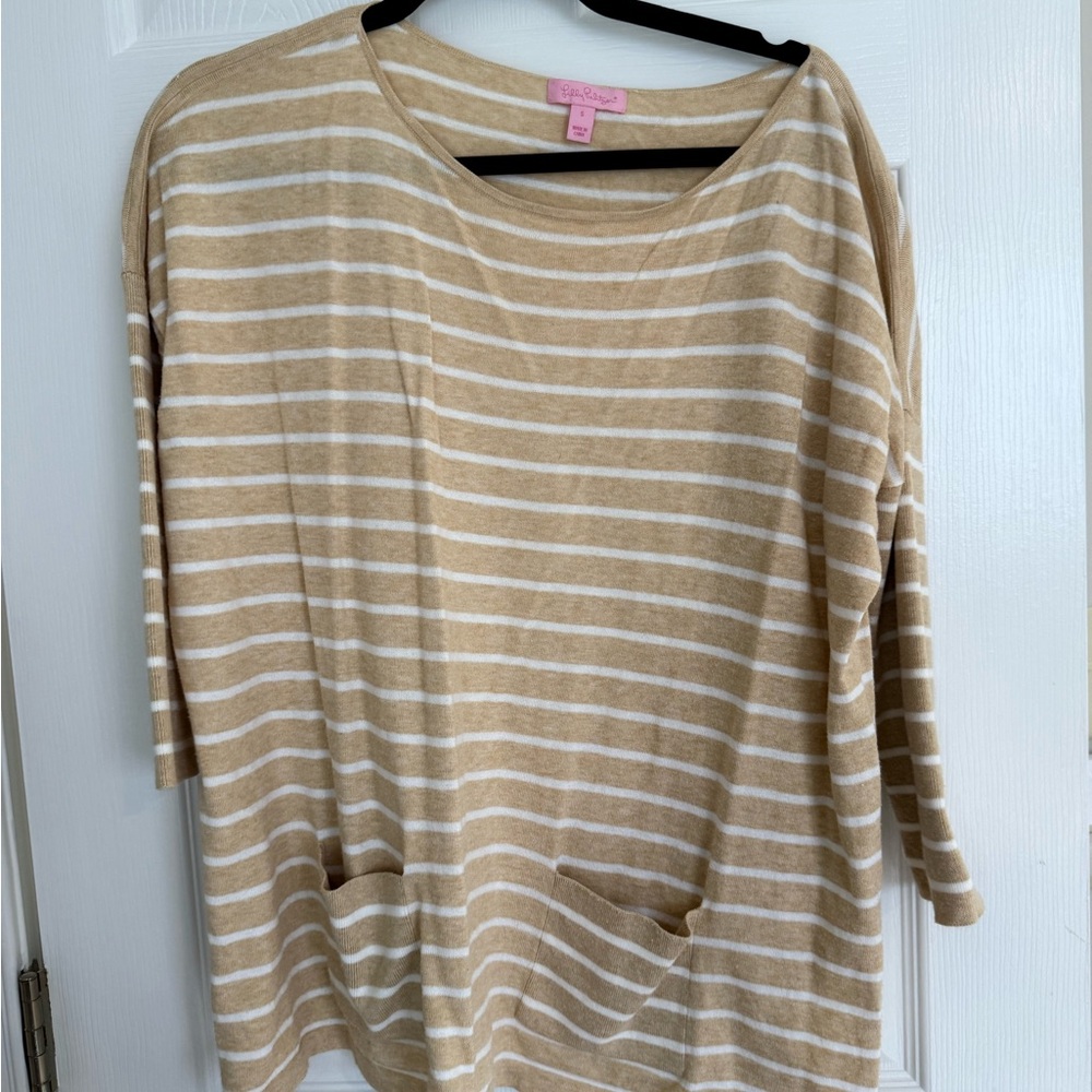 Lilly Pulitzer Tan and White Striped Pocket Sweater